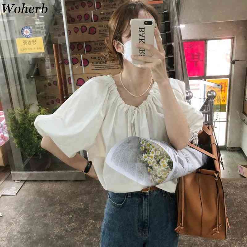 Vintage Drawstring Pleated Blouse Women Fashion Lantern Sleeve Shirt O-neck Top Loose Style Office Blusas 210519