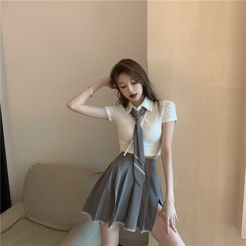 WOMENGAGA Korea Sexy JK Tops Suit Women's + Split Pleated Mini Dress Two Piece Summer Women Student 78XY 210603