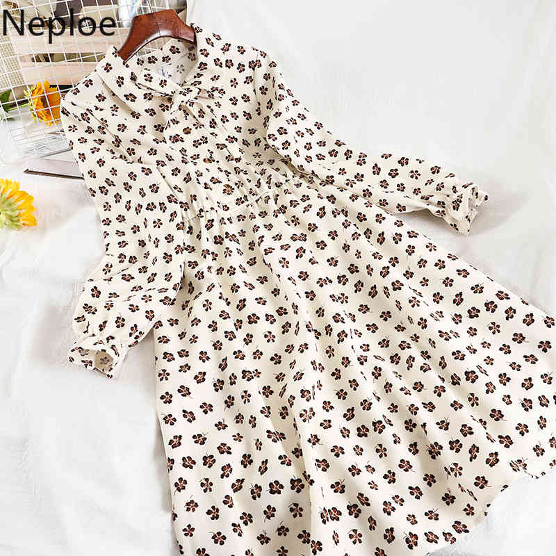 Neploe Woman Dress Autumn Winter Clothes Robe Vintage Floral Vestidos Slim Waist Temperament Chic Midi Dresses for Women 4G577 210422