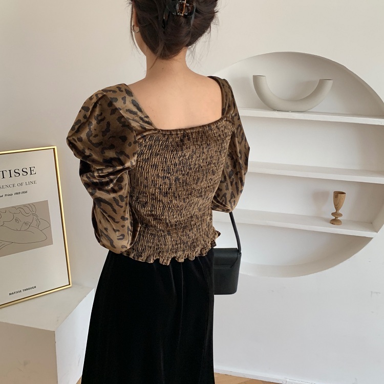 Nomikuma Women Velour Blouse Puff Long Sleeve Square Collar Korean Shirt Autumn Stretch Slim Short Top Blusas Femme 6C970 210427