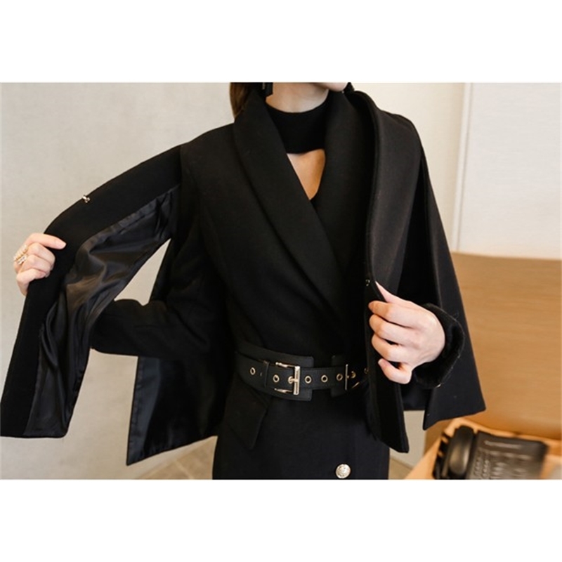 Winter Korean Two-Piece Set Women's Cape Cloak Coat + Elegant Office OL Notched Double-Breasted Dresses Suit 210519