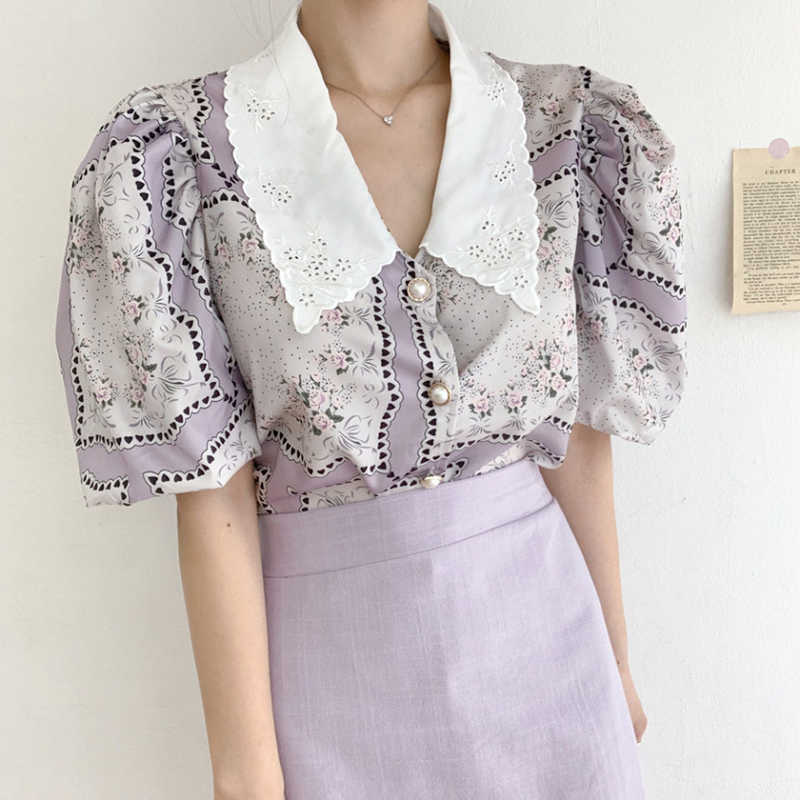 Korejpaa Women Shirt Summer Korean Western Style Vintage Lapel Embroidery Chic Button Puff Sleeve Chiffon Print Blouses 210526