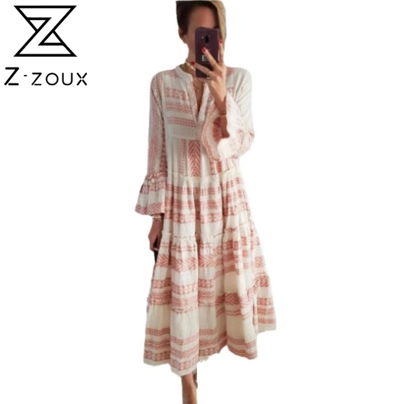 Women Dress Sexy Long Print Maxi V Neck Flare Sleeve Bohemia es Loose Casual Plus Size Summer Beach es 210513