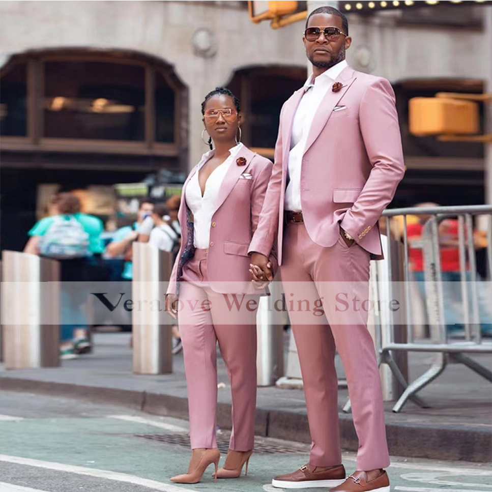Veralove Pink Bussiness Couple Suit Peaked Lapel One Button Groom Tuxedos Wedding Suit for Men Set Custom Made(Jacket+Pants)