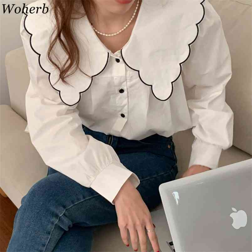Korean Peter Pan Collar Blouse Women Long Sleeve Shirt Spring Summer Elegant Kawaii Chic Blusas De Mujer 210519