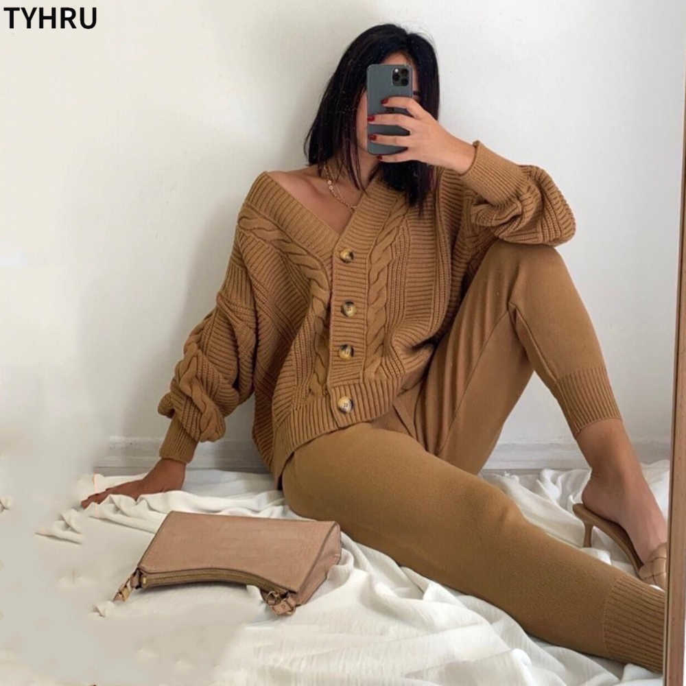 TYHRU Women Knitting 2-pieces sweater Suit Hemp Flower V-neck Single-Breasted cardigan + Pants lady winter sweater Set 211007