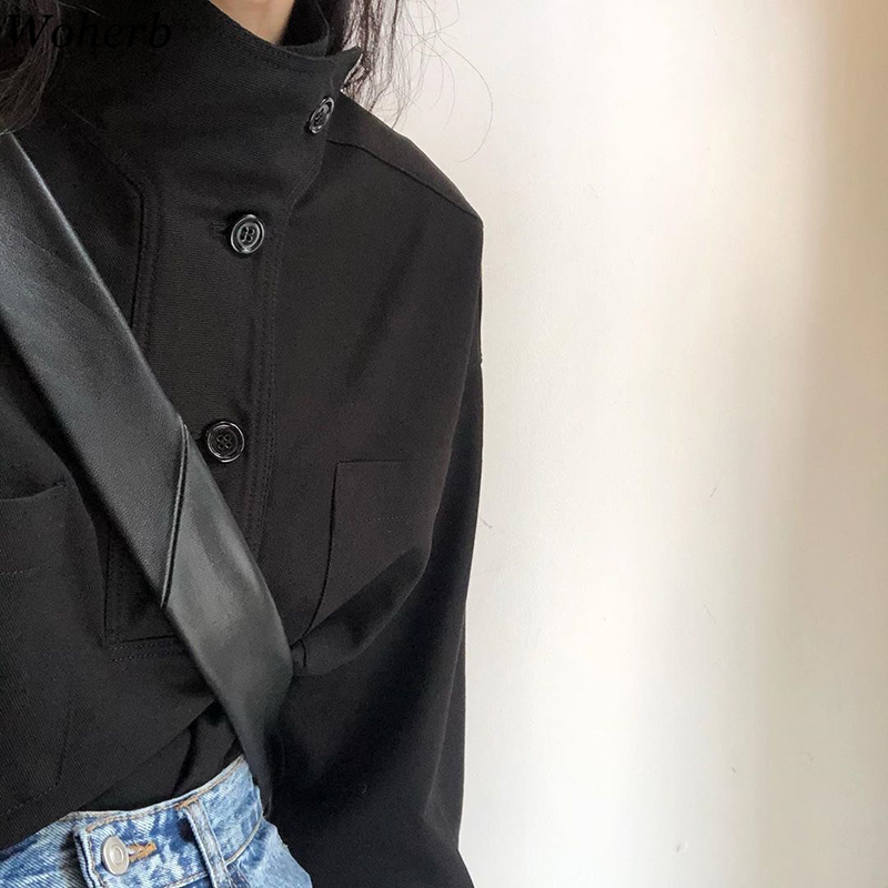 Korean Tops Stand Collar Solid Blusas Mujer Spring Summer Office Lady Elegant Loose Blouses All Match Casual Shirts 210519