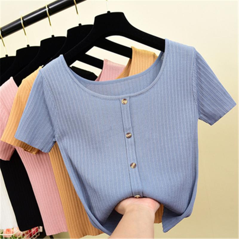 Women's T-Shirt Korean Vintage Solid Button Slim Summer Knit Casual Women T Shirt Top Tee Crop Trend Thin Elegant Short Sleeve Tshirt, White
Women's T-Shirt Korean Vintage Solid Button Slim Summer Knit Casual Women T Shirt Top Tee Crop Trend Thin Elegant Short Sleeve Tshirt, White