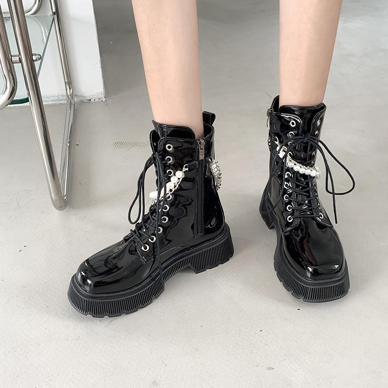 Boots Metal Chain String Bead Decoration For Women 2021 Patent Leather Lac-up Thick Platform High Square Heel Shoes, Black
Boots Metal Chain String Bead Decoration For Women 2021 Patent Leather Lac-up Thick Platform High Square Heel Shoes, Black