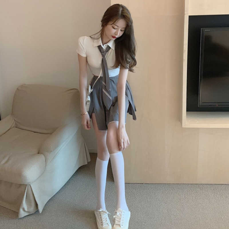 WOMENGAGA Korea Sexy JK Tops Suit Women's + Split Pleated Mini Dress Two Piece Summer Women Student 78XY 210603