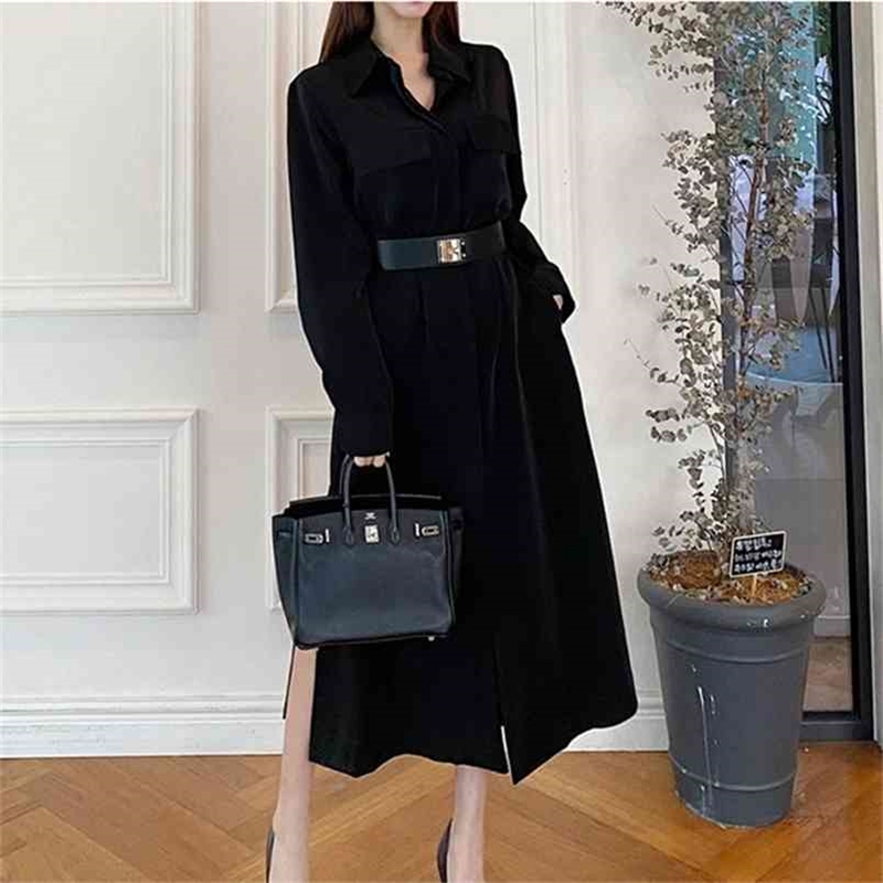 Arrival chic Long Sleeve long Shirt Dress Spring Office Dresses OL Turn Down Collar Loose 210603, Picture color