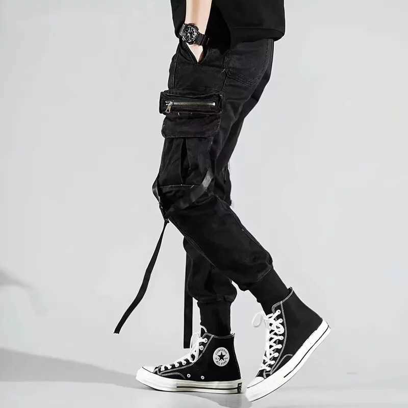 Men's Side Pockets Harem Pants 2021 Autumn Hip Hop Casual Ribbons Design Male Joggers Trousers Fashion Streetwear Pant Black Y0811