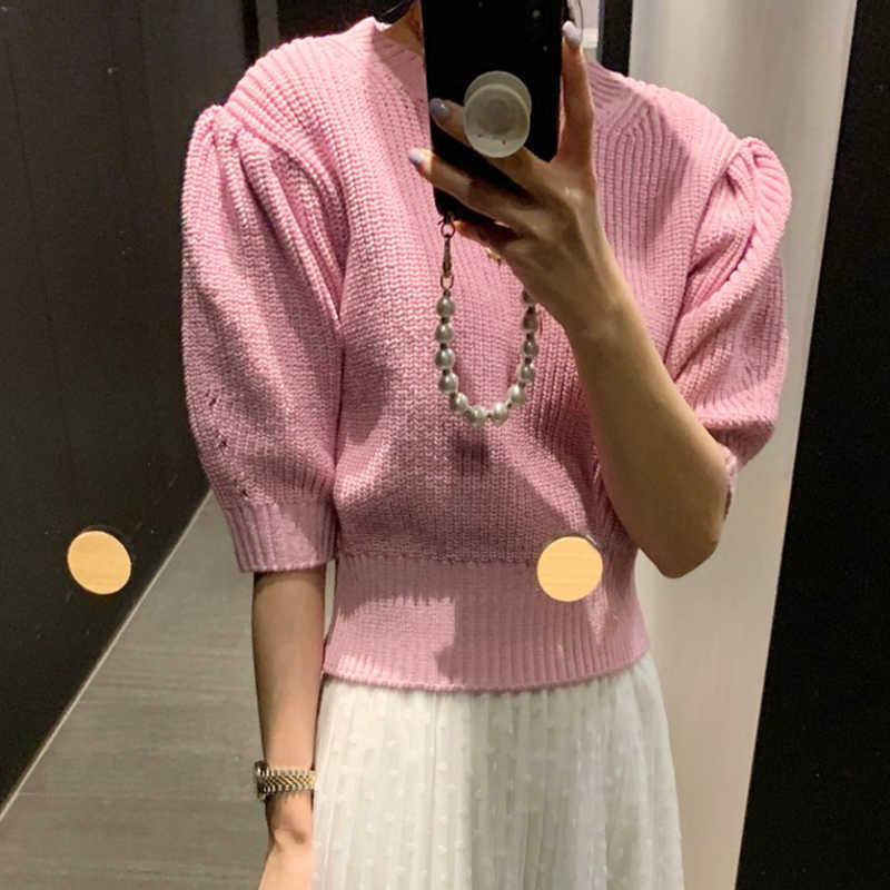 Korejpaa Women T-Shirt Summer Korean Playful Age-Reducing Candy Color Round Neck Slim Waist Puff Sleeve Knitted Pullovers 210526