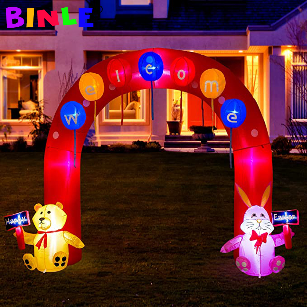 Vintage Outside Giant Inflatable Easter Bunny Welcome Archway With Eggs And Bear Lighted Airblown Arch Gate Yard Decor