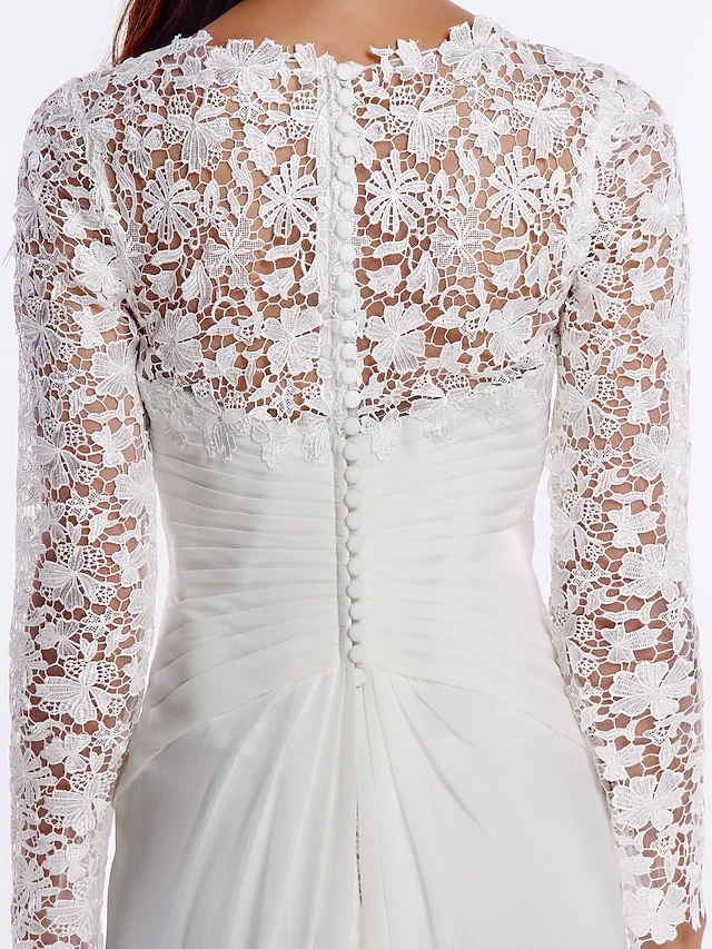 Wedding Dress 2022 Bridal Gown V Neck Sweep Train Chiffon Floral Lace Long Illusion Sleeve Romantic Boho Plus Size Vestido De Noiva Robe Mariage