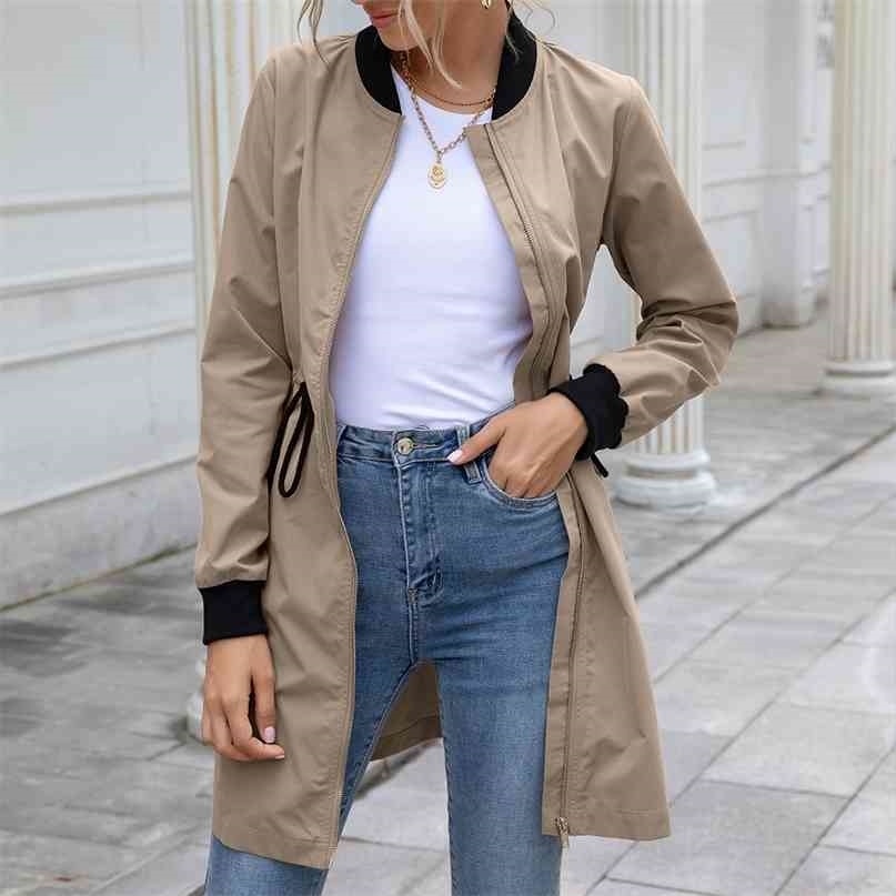 Women Raincoat Outdoor Streetwear Slant Pocket Drawstring Waterproof Mid-length Trench Autumn Long Sleeve Stand Collar Cardigan 210820