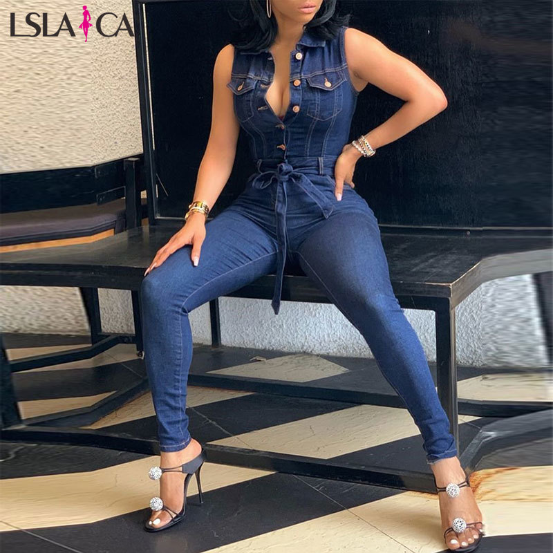 Women Jumpsuit Jeans Fashion Sleeveless Denim Overalls Sexy Belt Turn Down Collar Rompers Girls Pocket Long Pants 210520