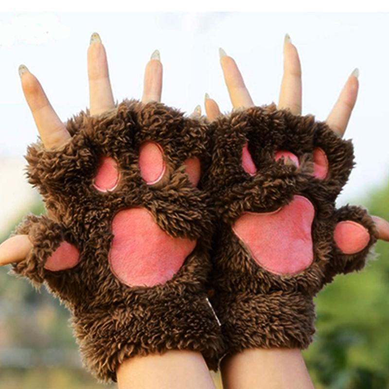 

Five Fingers Gloves Cute Cat Fluffy Claw Fingerless Warm Soft Plush Panda Glove Half Finger Women Winter Wear Christmas Gifts, Blue;gray