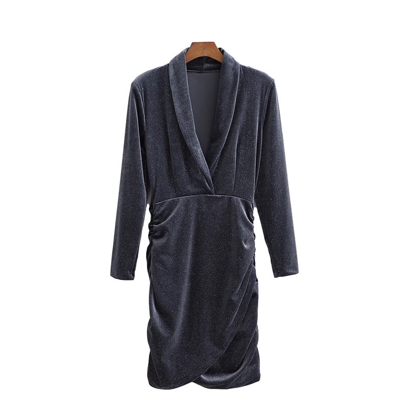 Elegant Women Sweet V-Neck Slim Dress Fashion Ladies Draped Mini Dresses Female Chic Solid Velvet Vestidos 210430