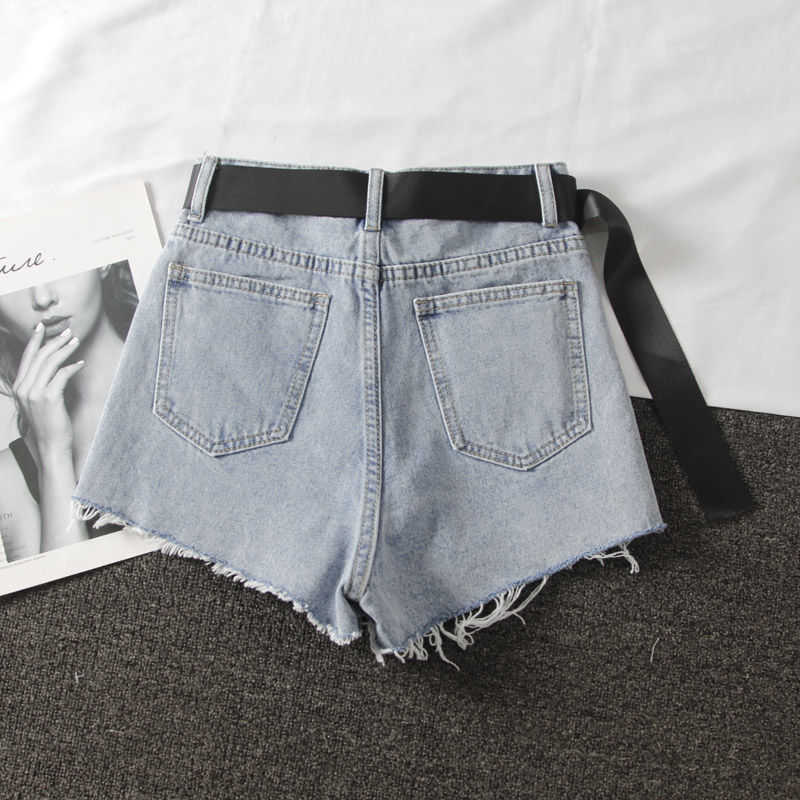 Ailegogo Summer Women High Waist Black Blue Denim Shorts Casual Female Hole Solid Color Plus Size 2xl Jeans With Belt 210714