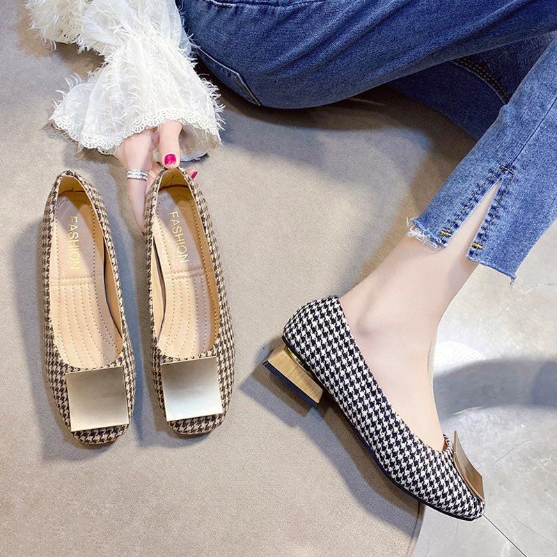 Top Quality GOOD Women Classic High Quality Round Toe Office Square Heel Pumps Lady Casual Black Plaid Summer High Heel Shoes C6308