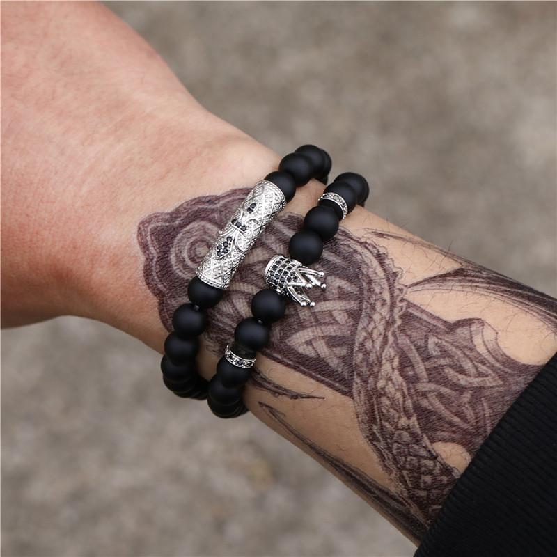 Charm Bracelets 2021 2pcs/set CZ Crown Bracelet Men Braclet Kinds Black Matte Stone Bead For Mens Hand Jewelry