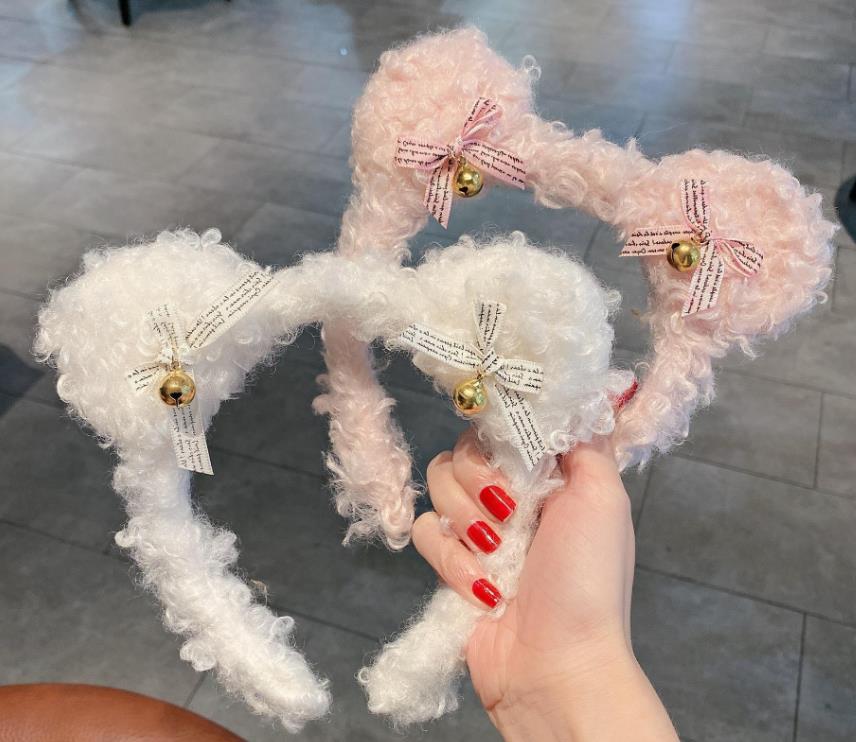 Bear Ear Bell Bowknot Fur Headband Hair Stick Accessories Cute Curly Plush Hairband Soft Fashion Hoop for Party Gift