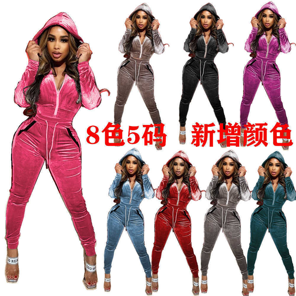 Designers Women sports tracksuits Clothes 2023 women's gold velvet fabric hat double pocket long sleeve high quality multicolor two-piece set