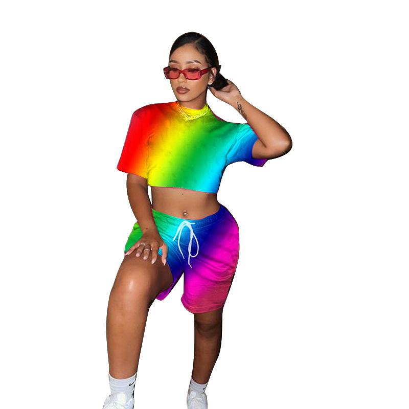Women's Tracksuits Fashion Rainbow Print Shorts Sets 2021 Est Summer Turtleneck Short Sleeves Vest Tops Casual 2PCS Nightclub Party