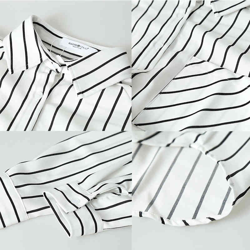 Spring Autumn Striped Women Shirt Tops Turn-down Collar Pocket Long Sleeve White Blouse Casual Loose Ladies 12574 210508