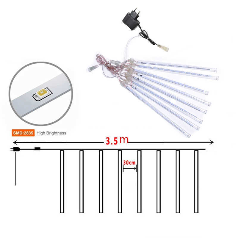Meteor Shower Lights 30cm 8 Tubes 192 Led Falling Raindrop String Lights For Outdoor Garden Home Christmas Wedding Party Decor 211012