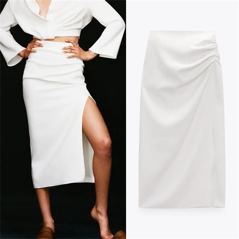 

TRAF Za White Pencil Skirt Women High Waist Long s Woman Summer Pleated Split Midi Ruched Elegant s 210702