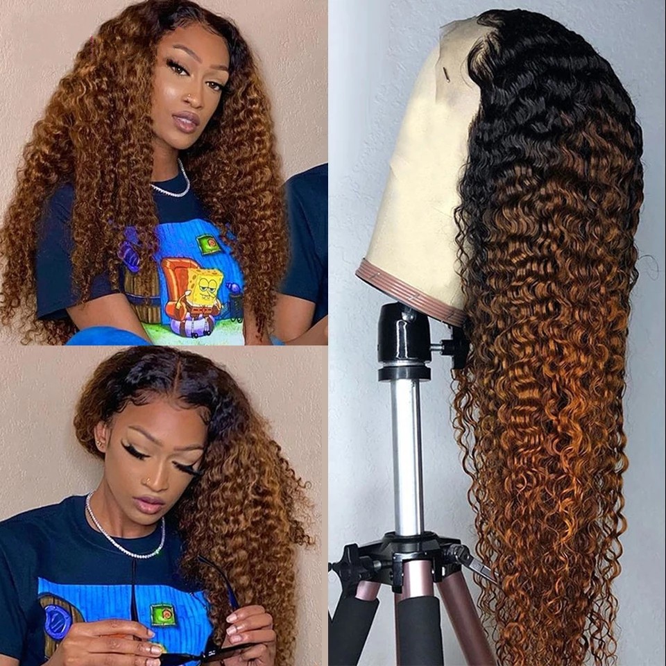 Deep Kinky Curly Wig Full Lace Front Human Hair Ombre Brown Color Synthetic Wigs For Black Women