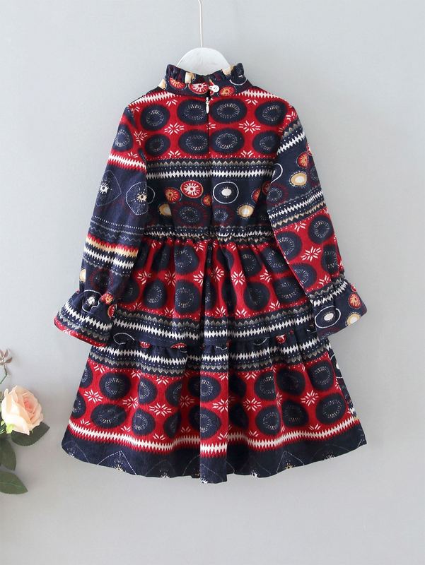 Toddler Girls Ruffle Neck Allover Print Corduroy Dress SHE