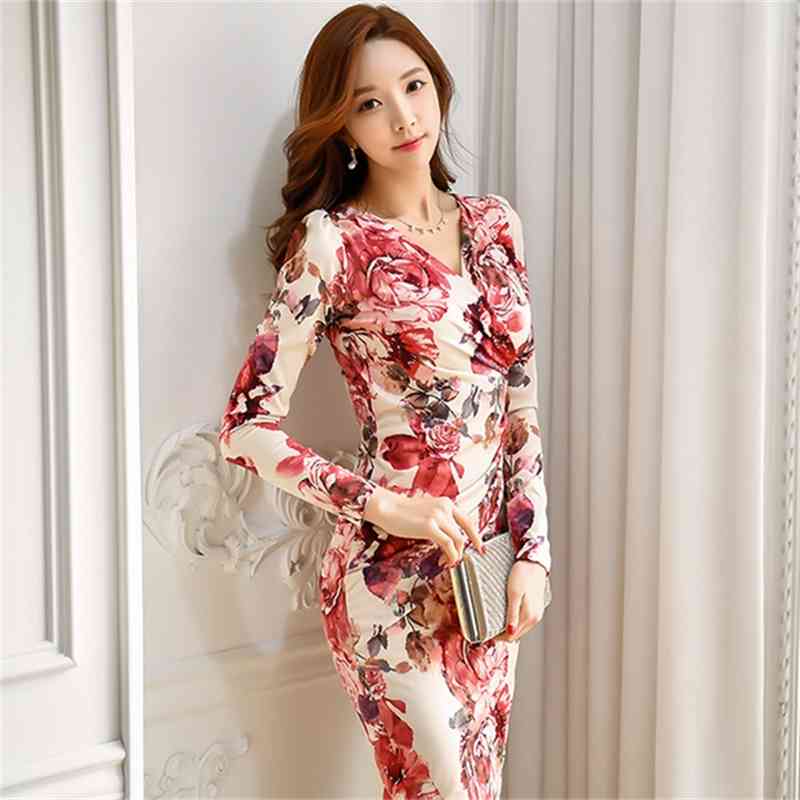 Sexy Print Flower Floral Long Sleeve Spring Dress Women Pencil Ruched Sheath Bodycon Fitted Vestidos 210519
