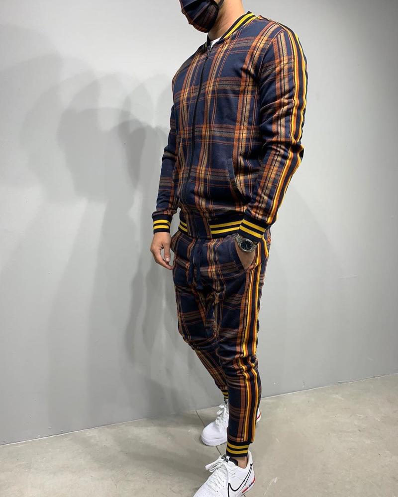 Men's Tracksuits Gentlemans Tracksuit Flower Plaid Suit Jacket + Pants Sports High Quality 3D Printing Zipper Two-Piece Set Spot Europe 3XL