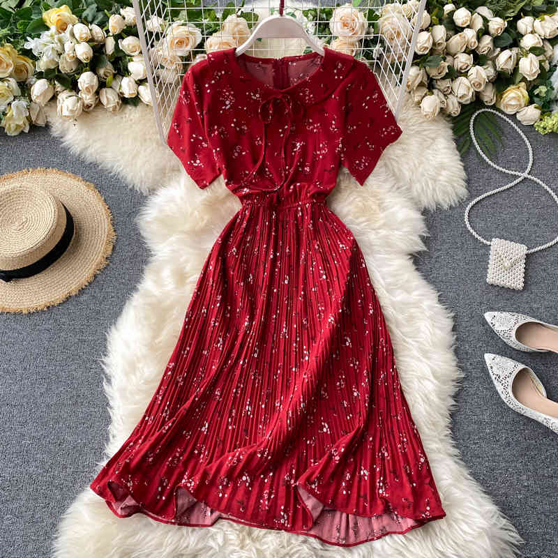 Floral A-line Chiffon Vestidos High Waist Pleated Korean Fashion Summer Dress Dresses Women 210521