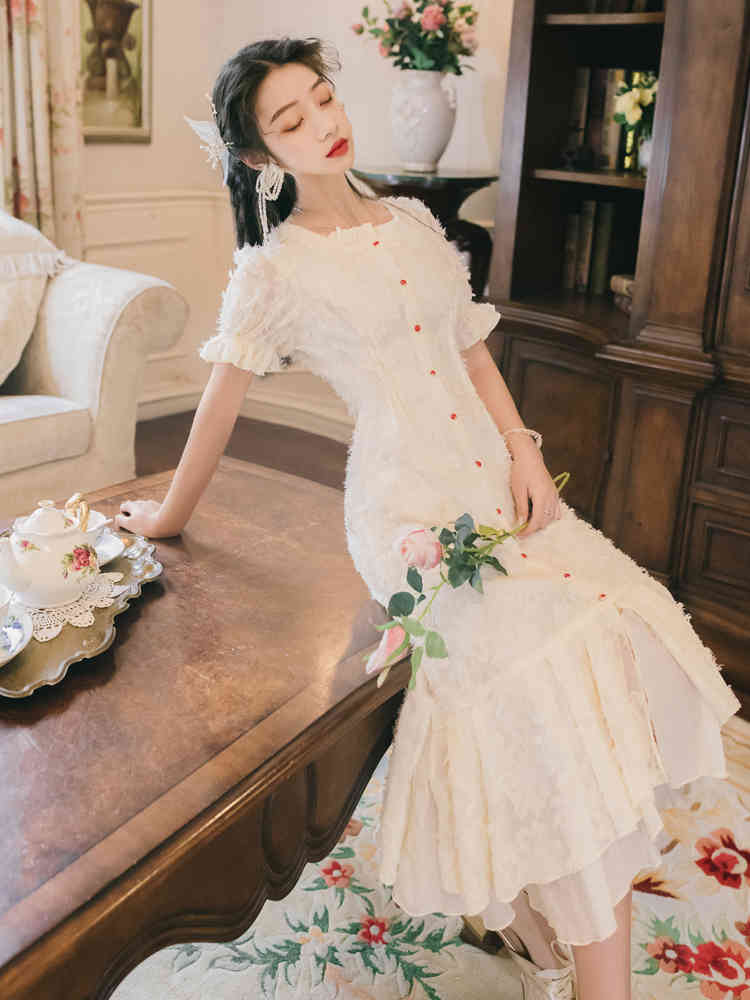 Korean Fashion Summer Mermaid Dress Single Breasted Dresses Butterfly Sleeve High Waist Vintage Women Holiday 210506