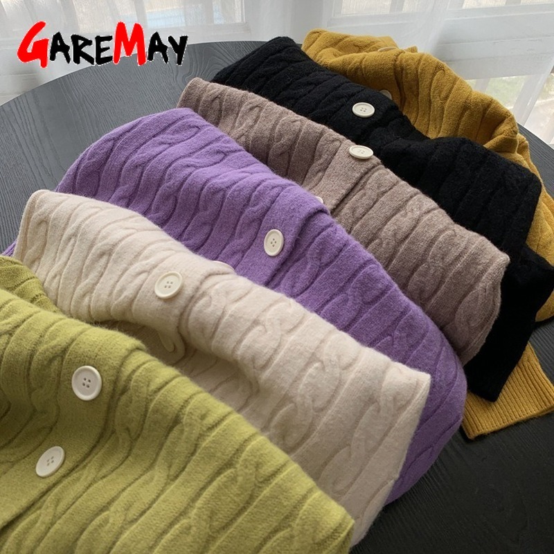Fashion Slim Ladies Knitted Sweater Long Sleeve Buttons Crop Cardigan Women Short 210428