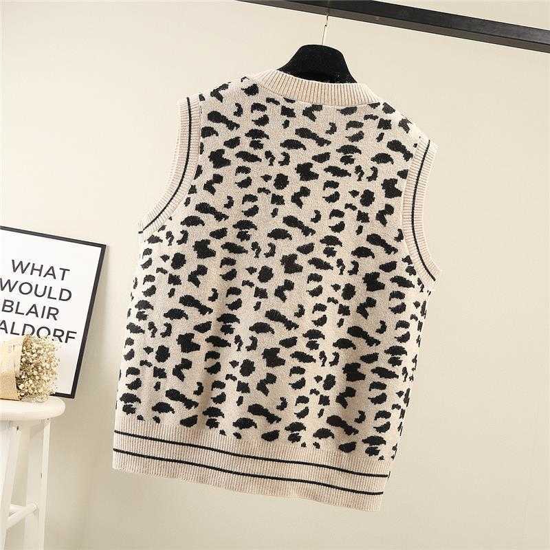 V-neck Leopard Pattern Knitted Sweater Vest Women Loose Sleeveless Fashion Short Pullover Female Spring Autumn 210915