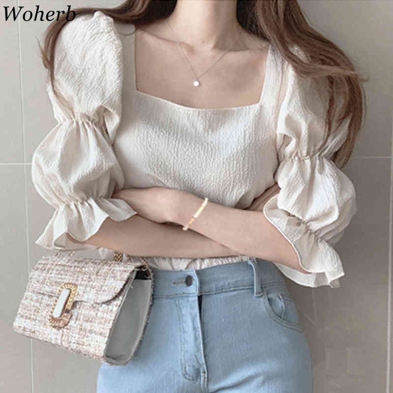 Korean Tops Mujer Chic Square Collar Puff Short Sleeve Pleated Blouse Chiffon Shirts Summer Clothes Fashion White Blusas 210519