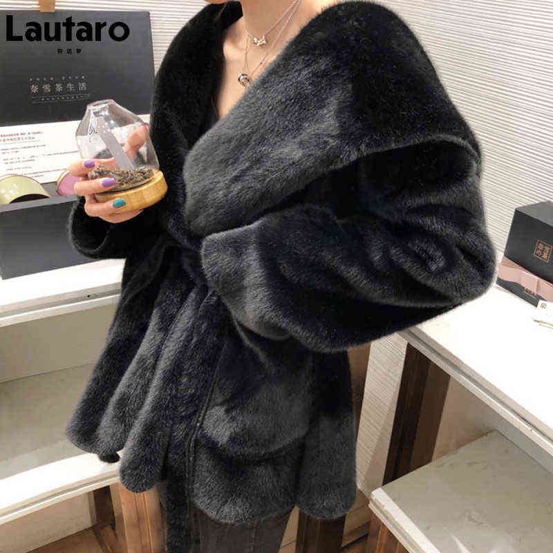 Lautaro Winter Black Warm Oversized Faux Fur Cardigan Women Drop Shoulder Long Sleeve Sashes Loose Stylish Korean Fashion 211123
