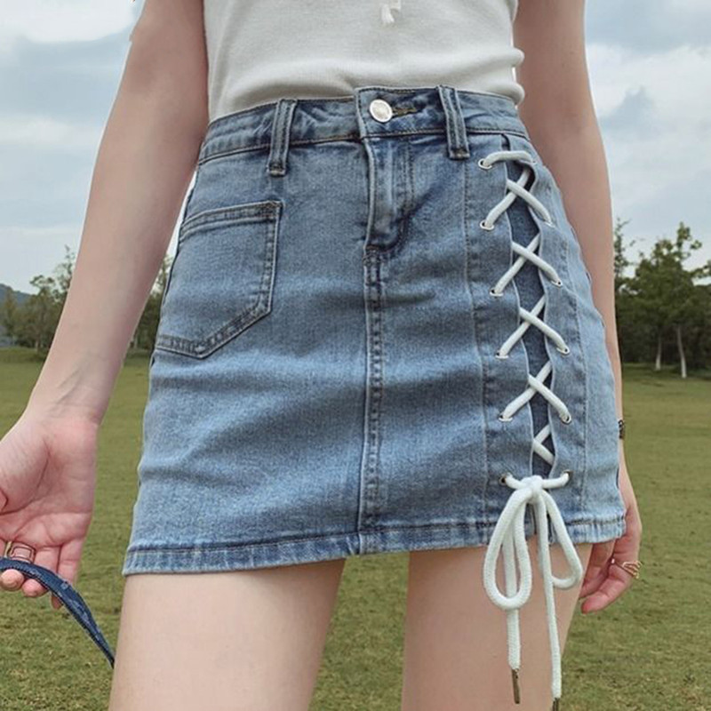 Womder Summer Denim High Waist Criss-Cross Bandage Skirt Short Sexy Tight Elastic Jeans Drawstring Bottom 210510