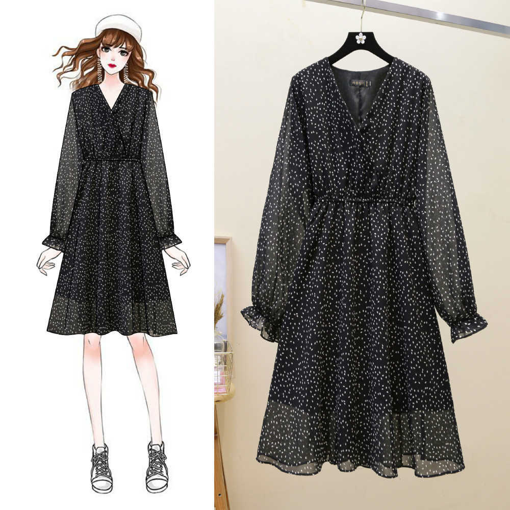 NIJIUDING Autumn Latest High Waist V-neck Slimming Printed Mid-length Chiffon Dress Ladies Small Fresh Wild Plus Size 4XL 210623