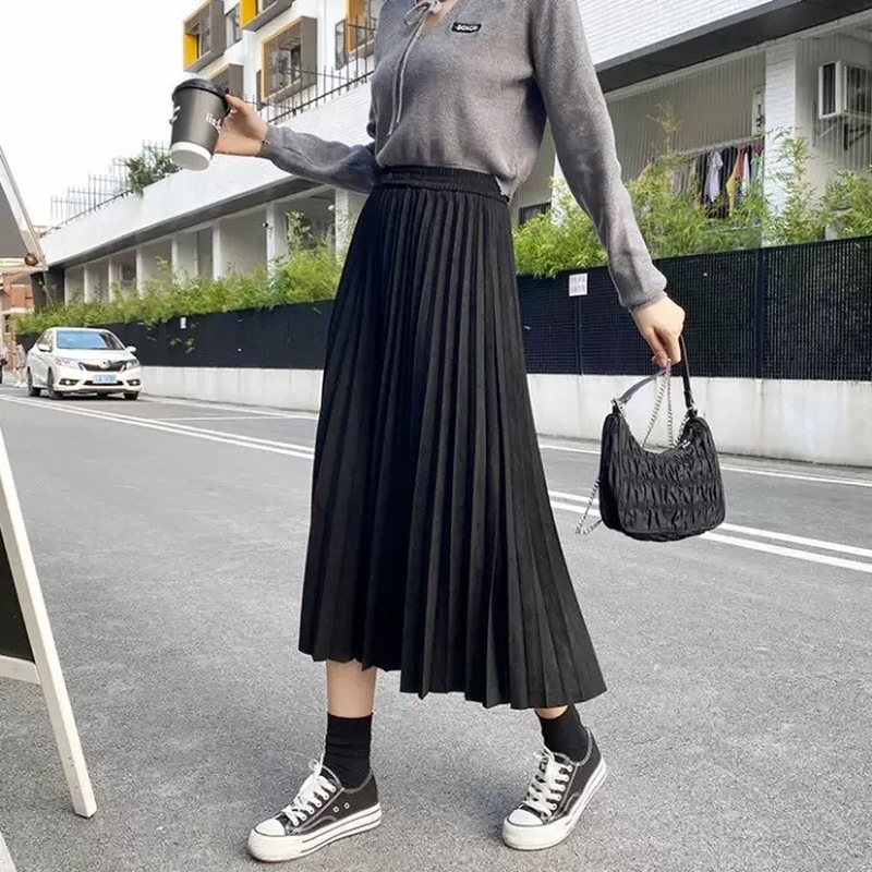 Women's Solid Pleated Suede Leather Skirts Autumn Winter High Waist Loose Retro Faux Skirt Female 210514