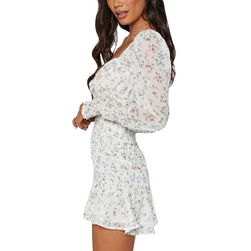 Women Fashion Pleated Ruffles Dress Summer Vintage Floral Square Collar Long-sleeved Chiffon Casual Dresses