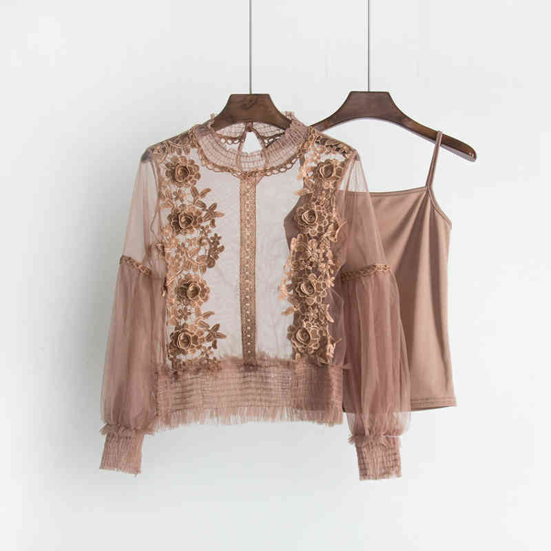 Sweet Retro Stand Lantern Sleeve Blouse Women Slim Appliques Mesh Tops Three-dimensional Flowers Lace Shirts Blusas Mujer 210429