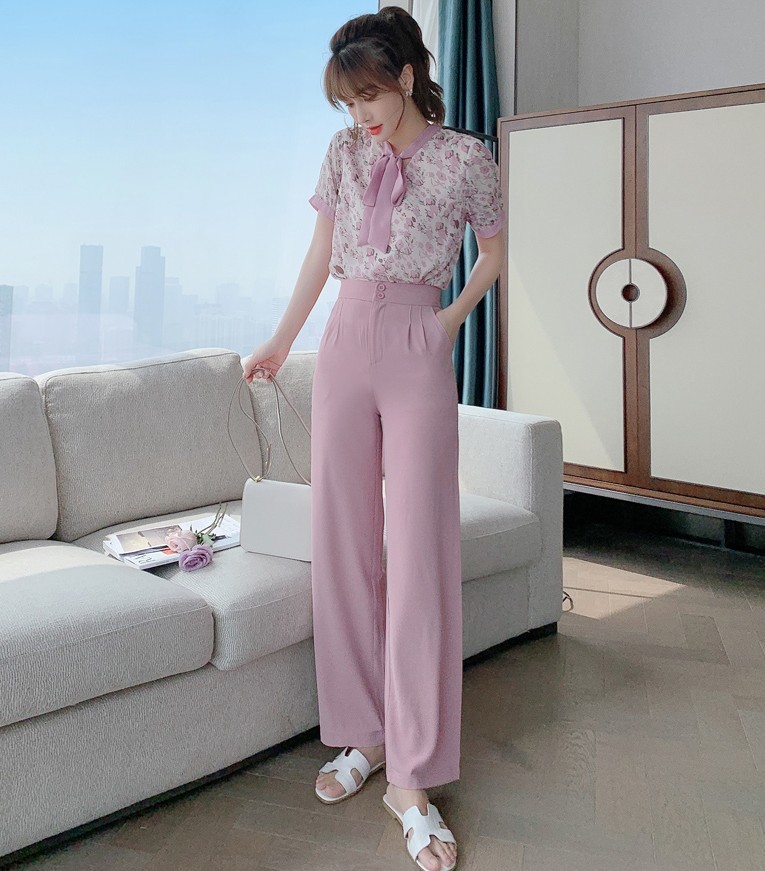 Women Pant Suits Summer Sweet Pink Flowers Print Chiffon Bow Tie Shirt Top + High Waist Long Trousers Female 2 Piece Set 210519