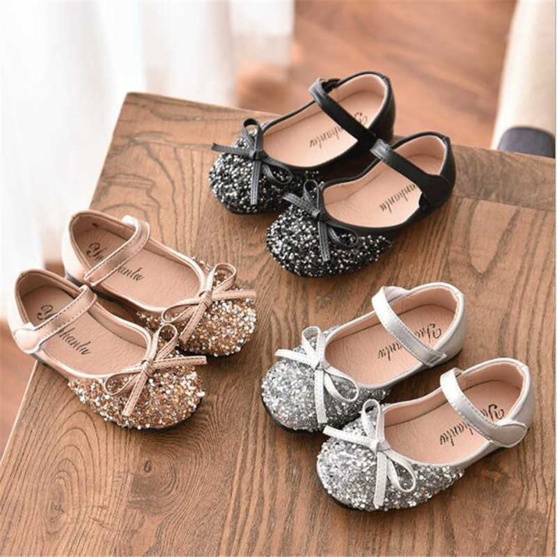 2021 spring new fashion girls' shoes princess shoes bowknot Sequin soft sole antiskid children's performance shoes X0703