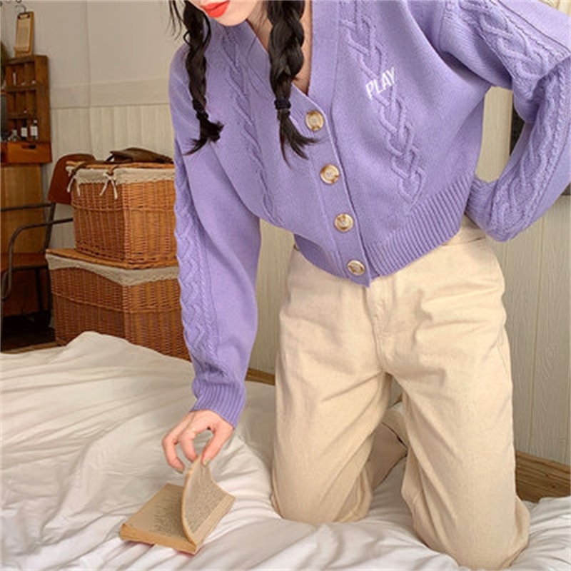 3 colors korean style autumn V neck knitted sweaters cardigan womens letter embroidery outwear coats womens (X1535) 210423